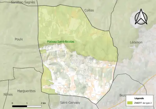 Carte de la ZNIEFF de type 2 sur la commune.