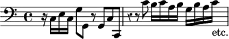 
\version "2.14.2"
\header {
  tagline = ##f
}

\score {
  \new Staff \with {
    % \remove "Time_signature_engraver"
    %  instrumentName = #"BuxWV 161 " 
  }
  \relative c {
    \key c \major
    \time 4/4
    \tempo 4 = 60
    %\autoBeamOff
    \clef bass
    \override Rest #'style = #'classical

   r16 \stemDown c16 e c g'8 g, r8 \stemUp g c c, | r4 r8 \stemDown c''8 b16 c a b g b a c-"etc."

  }
  \layout {
      #(layout-set-staff-size 17)
    \context {
      \Score
      \remove "Metronome_mark_engraver"
      \override SpacingSpanner.common-shortest-duration = #(ly:make-moment 1/2)
    }
  }
  \midi {    \set Staff.midiInstrument = #"church organ"}
}
