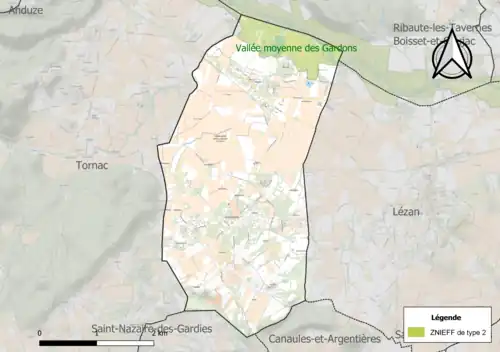 Carte de la ZNIEFF de type 2 sur la commune.
