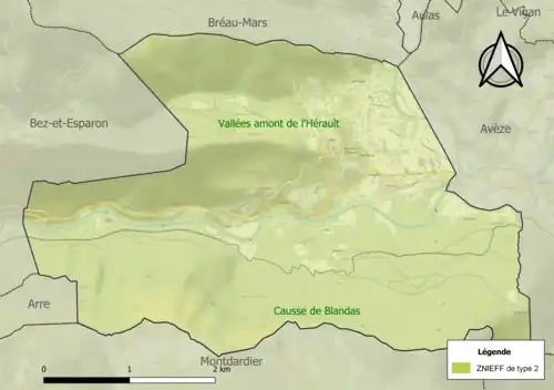 Carte des ZNIEFF de type 2 sur la commune.