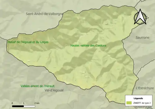 Carte de la ZNIEFF de type 2 sur la commune.