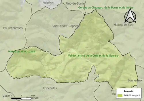 Carte des ZNIEFF de type 2 sur la commune.