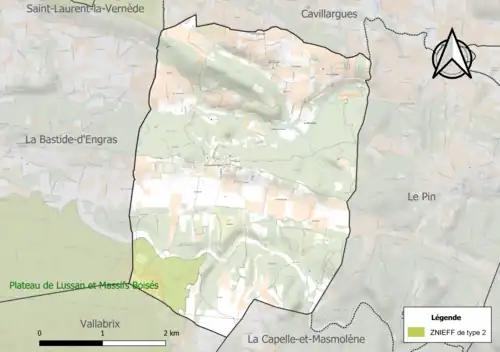 Carte de la ZNIEFF de type 2 sur la commune.