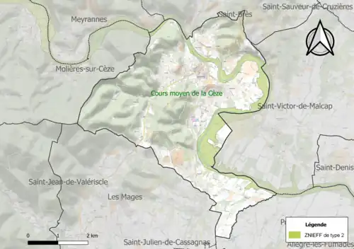 Carte de la ZNIEFF de type 2 sur la commune.