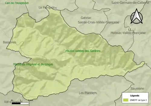 Carte des ZNIEFF de type 2 sur la commune.