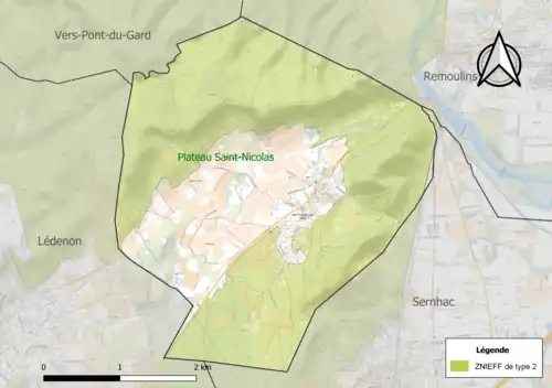Carte de la ZNIEFF de type 2 sur la commune.