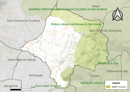 Carte des ZNIEFF de type 2 sur la commune.