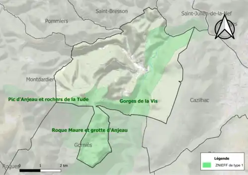 Carte des ZNIEFF de type 1 sur la commune.