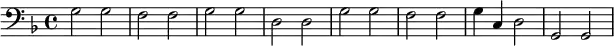 \version "2.18.2"

\new Staff {
\clef bass \key d \minor
g2 g f f g g d d g g f f g4 c d2 g,2 g,
} 