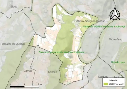 Carte des ZNIEFF de type 2 sur la commune.