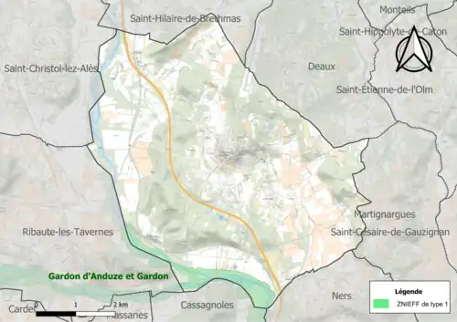 Carte de la ZNIEFF de type 1 sur la commune.