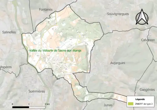 Carte de la ZNIEFF de type 2 sur la commune.