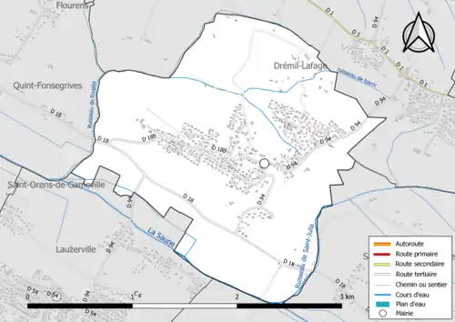 Carte en couleur présentant le réseau hydrographique de la commune