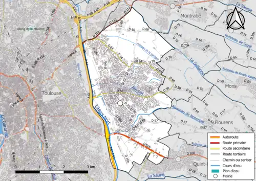 Carte en couleur présentant le réseau hydrographique de la commune