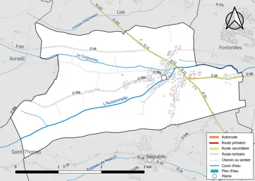 Carte en couleur présentant le réseau hydrographique de la commune