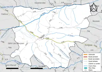 Carte en couleur présentant le réseau hydrographique de la commune
