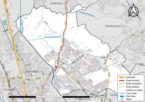 Carte en couleur présentant le réseau hydrographique de la commune