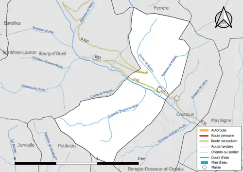 Carte en couleur présentant le réseau hydrographique de la commune