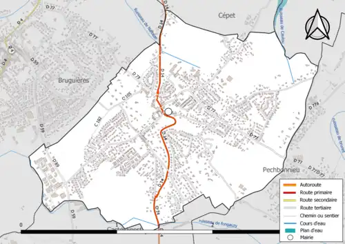 Carte en couleur présentant le réseau hydrographique de la commune