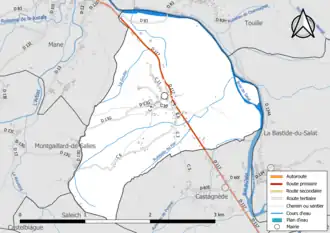 Carte en couleur présentant le réseau hydrographique de la commune