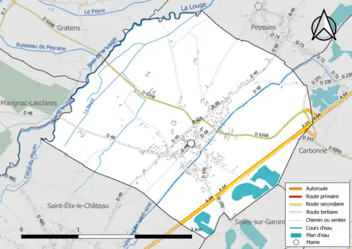 Carte en couleur présentant le réseau hydrographique de la commune