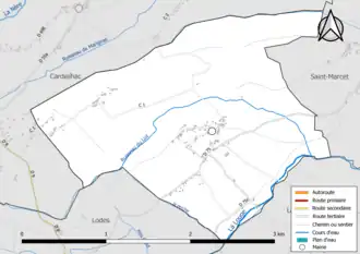 Carte en couleur présentant le réseau hydrographique de la commune