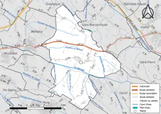 Carte en couleur présentant le réseau hydrographique de la commune