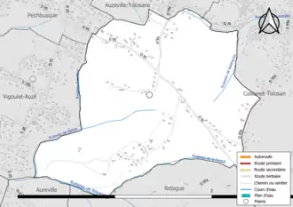 Carte en couleur présentant le réseau hydrographique de la commune