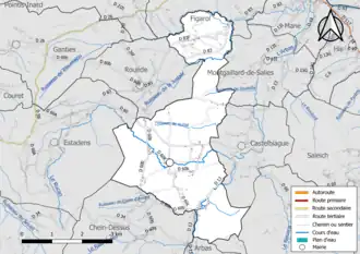 Carte en couleur présentant le réseau hydrographique de la commune
