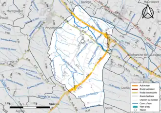 Carte en couleur présentant le réseau hydrographique de la commune
