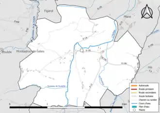Carte en couleur présentant le réseau hydrographique de la commune