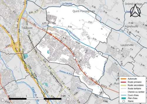 Carte en couleur présentant le réseau hydrographique de la commune