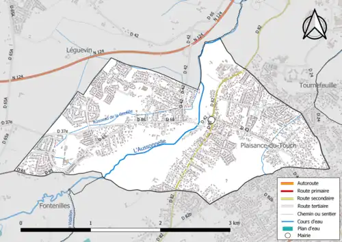 Carte en couleur présentant le réseau hydrographique de la commune