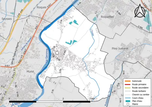 Carte en couleur présentant le réseau hydrographique de la commune