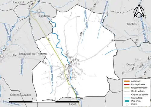 Carte en couleur présentant le réseau hydrographique de la commune