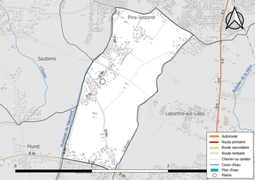 Carte en couleur présentant le réseau hydrographique de la commune