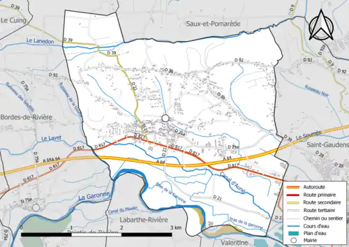 Carte en couleur présentant le réseau hydrographique de la commune