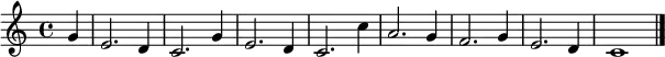
\relative c'' {
    \version "2.18.2"
    \key c \major
    \time 4/4
    \tempo ""
    \tempo 2 = 70
    \partial 4 g4
    e2. d4
    c2. g'4
    e2. d4
    c2. c'4
    a2. g4
    f2. g4
    e2. d4
    c1 \bar "|."
}
