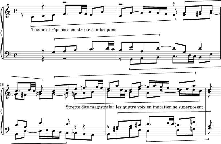 
\version "2.18.1"
\header {
  tagline = ##f

}
global = { \time 4/4 \key c \major \tempo 4 = 62 \set Score.currentBarNumber = #14 }

tenor = \relative c' {
  \voiceTwo
	r8 \[ c-"Thème et réponses en strette s'imbriquent" d e \stemUp f8. g32 f e8 a |
	\barNumberCheck #15
	d, g^~ g16 a g f e8 \] \stemDown e[fis g] ~ |
	g8[fis] gis[a] ~ a-"Strette dite magistrale : les quatre voix en imitation se superposent" \[ g! [a b] |
	c8. d32 c b8[e] a,[d] ~ d16 e d c \] |
	b8
}

soprane = \relative c' {
  \voiceOne
	s4 r r2 |
	\barNumberCheck #15
	r r8 \[ g' [a b] |
	c8. d32 c b8 \] \[ c [d e] f!8. g32 f |
	e8[a] d,[g] ~ g16 a g f e8 a \] |
	d,
}

alt = \relative c {
  \voiceOne
	s4 r8 \[ g' [a b] c8. d32 c |
	\barNumberCheck #15
	b8[ e a, d]~ \] d[g,] d'4 |
	c8[a] e'4 d8 r r4 |
	r8 \[ a [b cis] d8. e32 d c!8 f! |
	b,
}

bass = \relative c {
  \voiceTwo
	s4 r r2 |
	\barNumberCheck #15
	r8 \[ g[a b] c8. d32 c b8 e |
	a, d ~ d16 e d c b8 \] bes a g |
	a fis' g e \[ d4 e8 f! |
	g8.
}

\score {
  \new PianoStaff <<
    \new Staff <<
      \global
      \new Voice = "soprane" { \soprane }
      \new Voice = "tenor" { \tenor }
    >>
    \new Staff <<
      \global
      \clef "bass"
      \new Voice = "alt" { \alt }
      \new Voice = "bass" { \bass }
    >>
  >>

  \layout {
      indent = #0
    \context {
      \Score
      \remove "Metronome_mark_engraver"
    }
  }
  \midi { }
}
