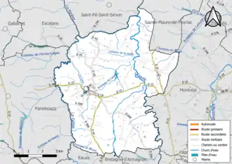 Carte en couleur présentant le réseau hydrographique de la commune