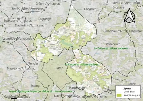 Carte de la ZNIEFF de type 2 sur la commune.