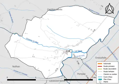 Carte en couleur présentant le réseau hydrographique de la commune