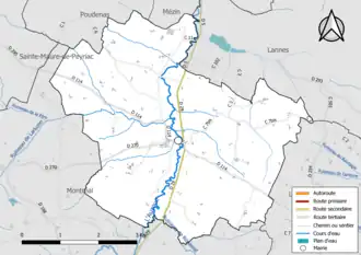 Carte en couleur présentant le réseau hydrographique de la commune