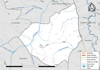 Carte en couleur présentant le réseau hydrographique de la commune