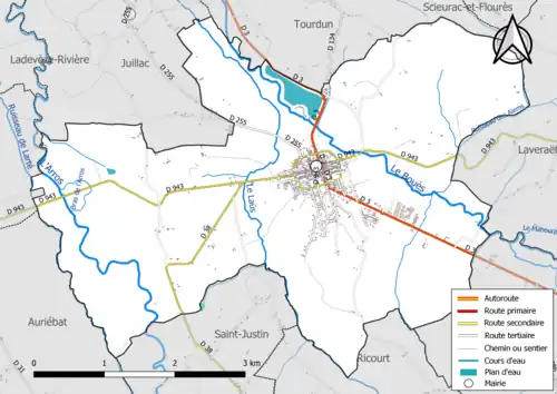 Carte en couleur présentant le réseau hydrographique de la commune