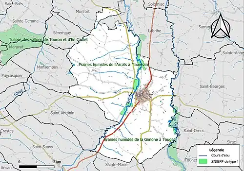 Carte des ZNIEFF de type 1 sur la commune.