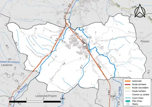 Carte en couleur présentant le réseau hydrographique de la commune