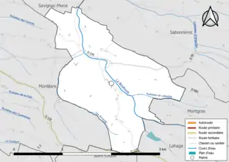 Carte en couleur présentant le réseau hydrographique de la commune