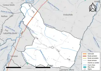 Carte en couleur présentant le réseau hydrographique de la commune