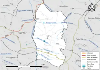 Carte en couleur présentant le réseau hydrographique de la commune
